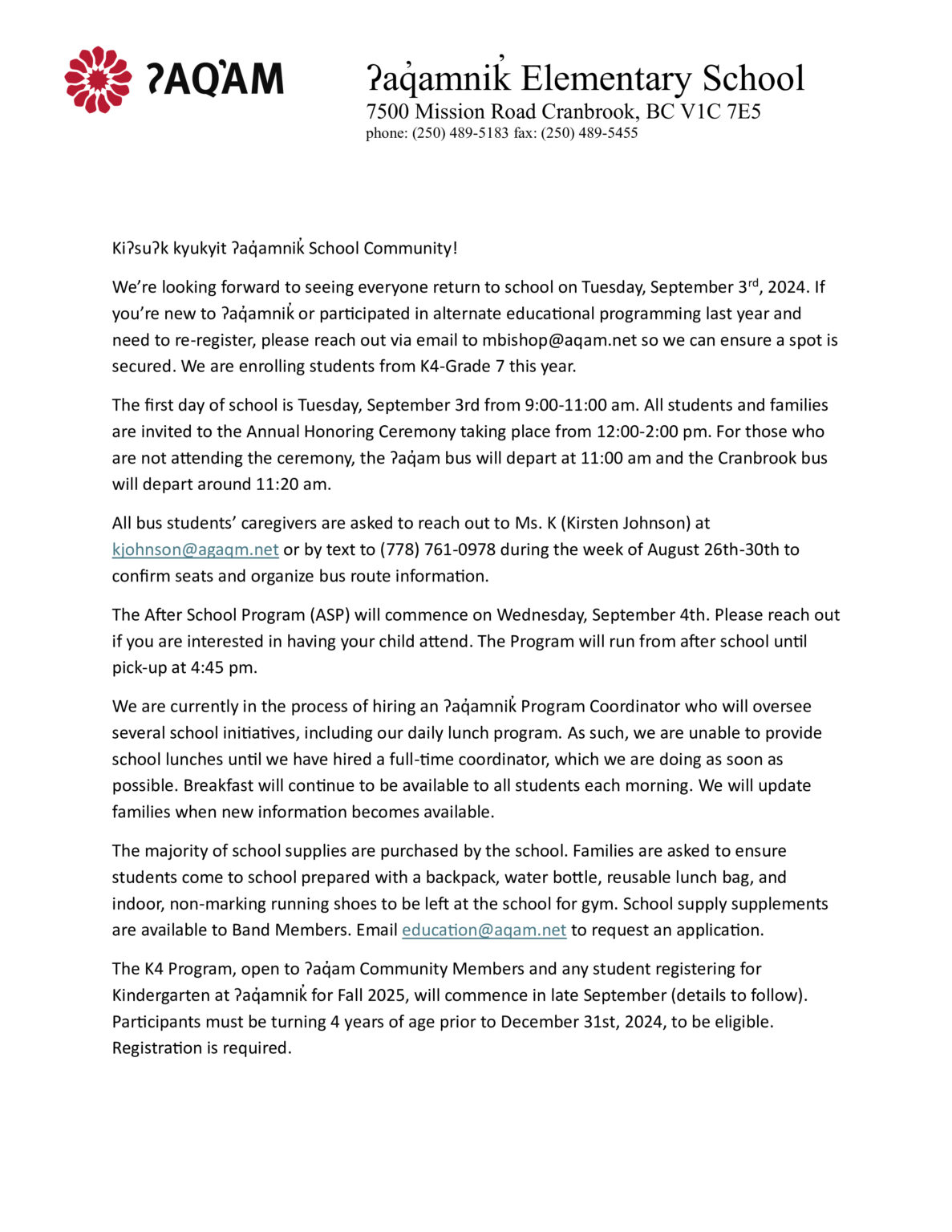 back to school letter