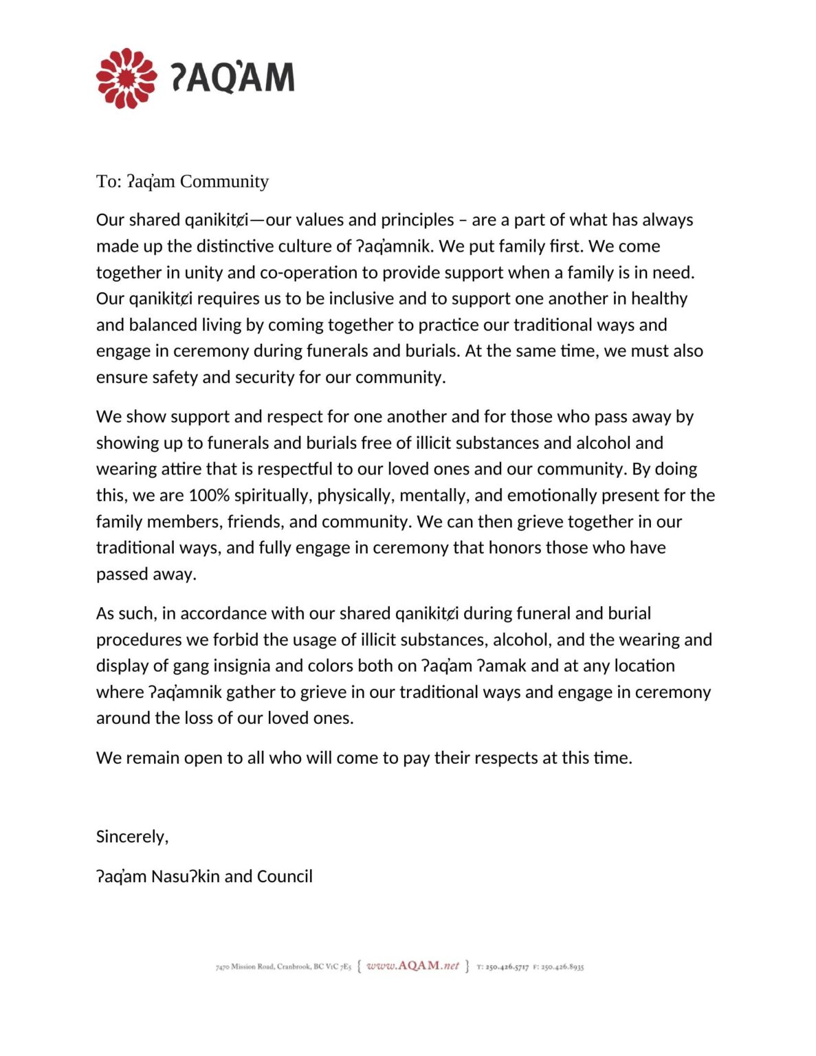 letter to community