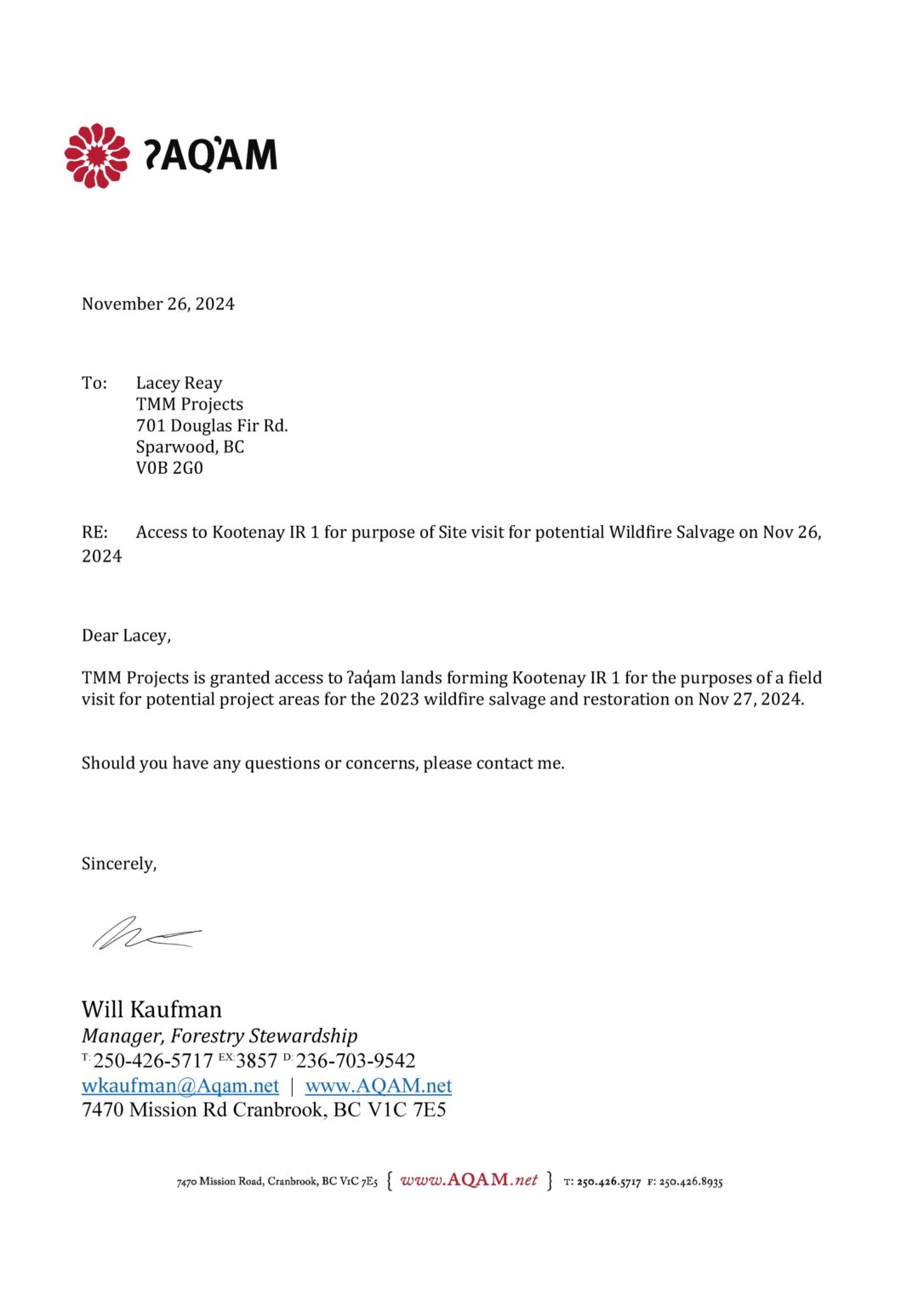 access letter tmm projects