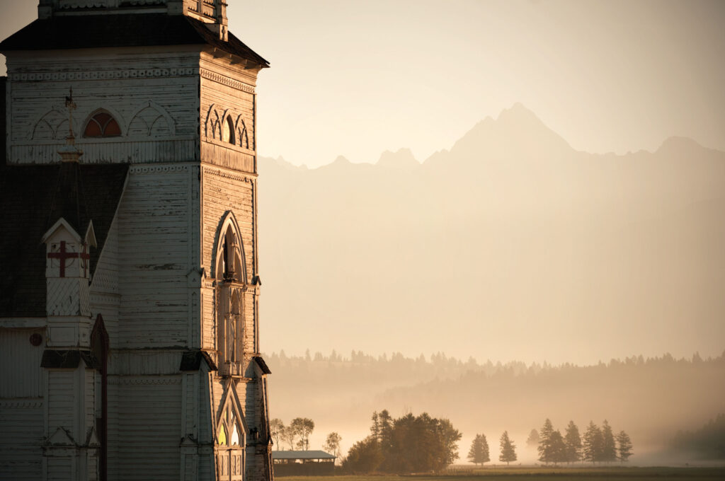 St. Eugene Church sits in front of the majestic Fisher Peak.