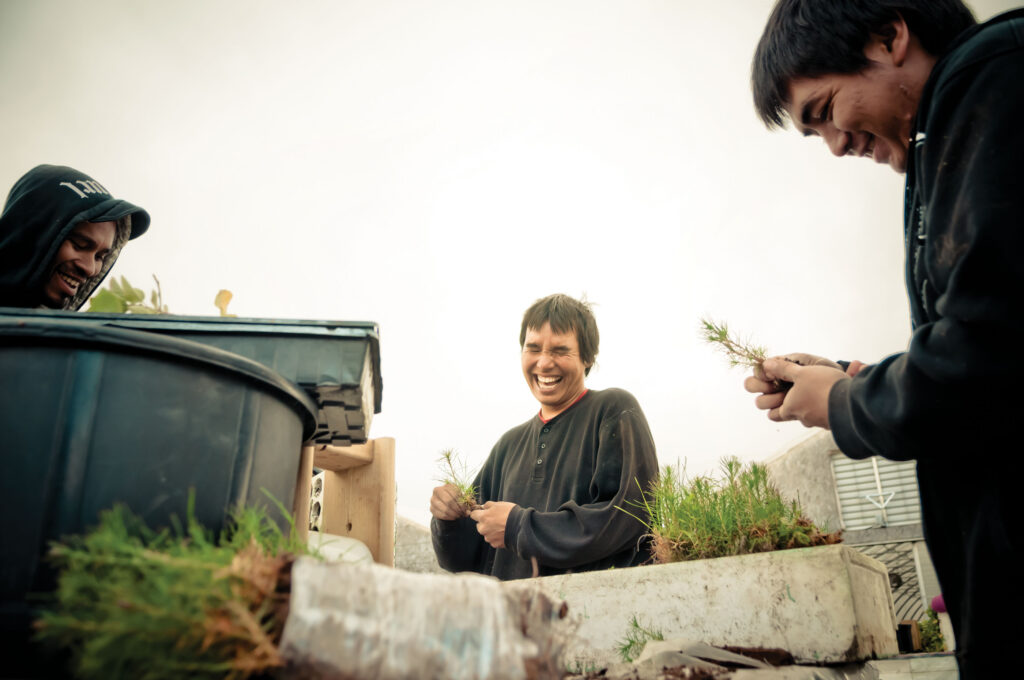 Three men stand working near a greenhouse